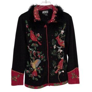 Berek Cardinal Embellished Cardigan Womens Size Medium Beaded Sequins Faux Fur